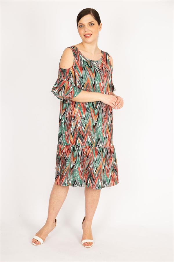 Kadın Fujya Büyük Beden Omuz Dekolteli Dokuma Viskon Kumaş Yan Cepli Elbise