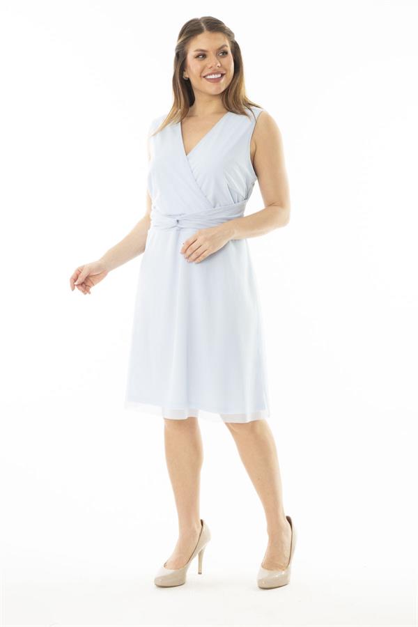 Kadın Büyük Beden Mavi Anvelop Yaka Bel Drapeli Astarlı Tül Elbise 65N37083