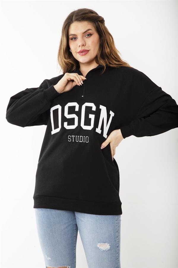 Kadın Büyük Beden Siyah İçi Şardonlu Ön Pat Fermuarlı Nakışlı Sweatshirt 65N37207