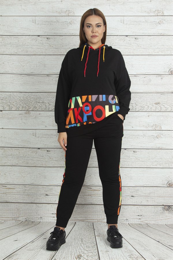 Kadın Saks Kapşonlu Fermuar Ve Baskı Detaylı Kuşgözlü Sweatshirt Pantolon Takım 65N19562