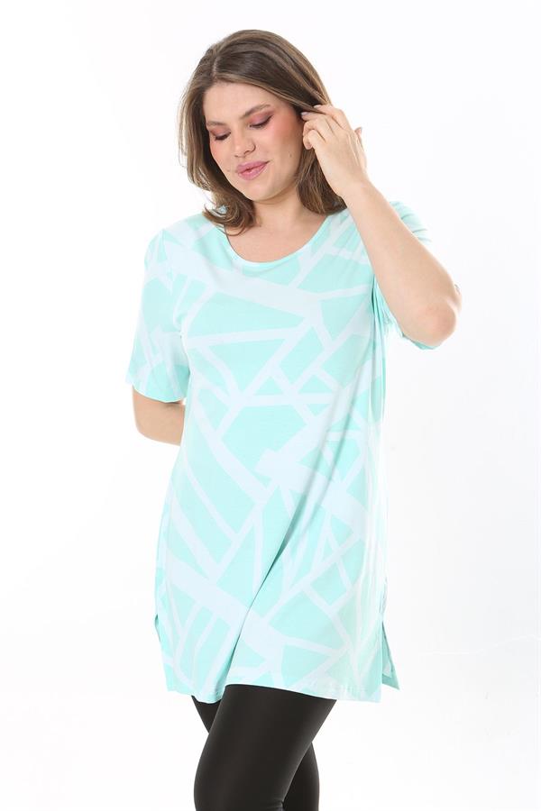 Kadın Büyük Beden Yeşil Bisiklet Yakalı Kısa Kollu Çizgili Tunik 65N37851