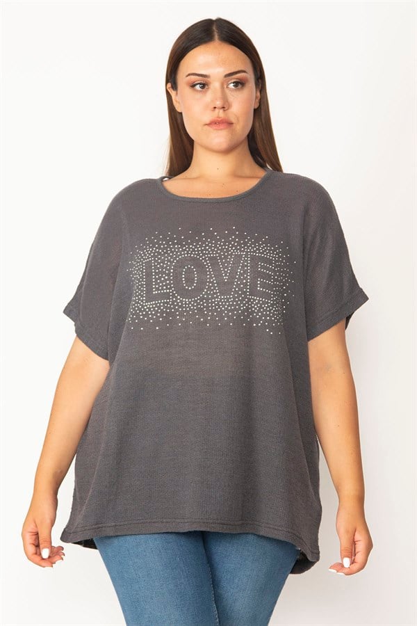 Kadın Füme Taş Detaylı Buklet Dokuma Düşük Kol Salaş Bluz 65N30103