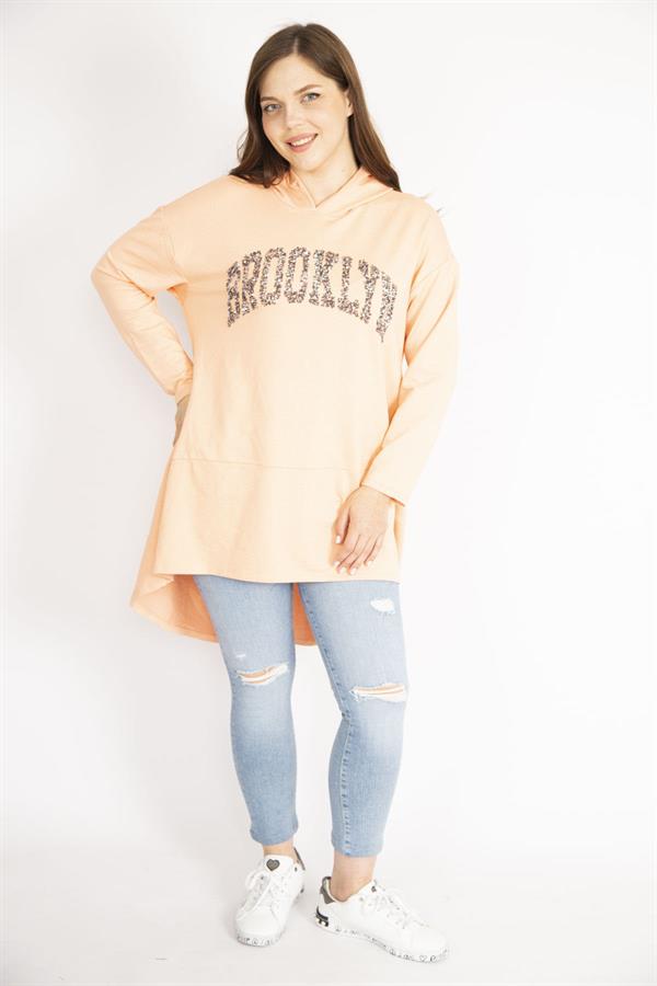 Kadın Somon Büyük Beden Payet Detaylı Kapşonlu Arkası Uzun Sweatshirt
