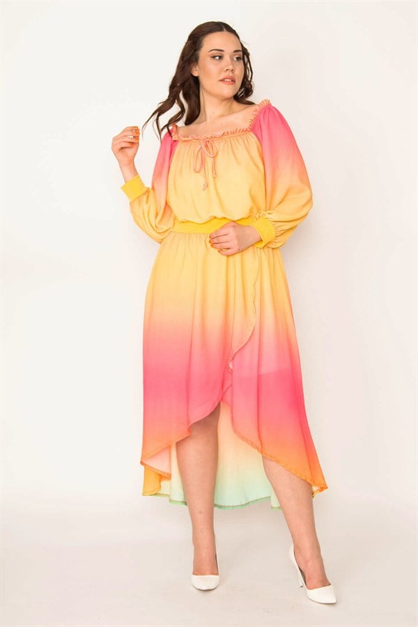 ROBE DE SOIRÉE EN MOUSSELINE DE SOIRÉE POUR FEMMES, COL COLORÉ ET DÉTAILS ÉLASTIQUES À LA TAILLE, DOS LONG DOUBLÉ
