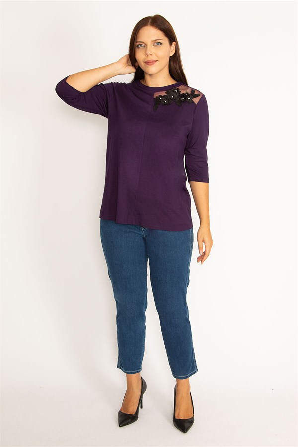 Kadın Mor Aplike Ve Tül Detaylı Bluz 65N34575