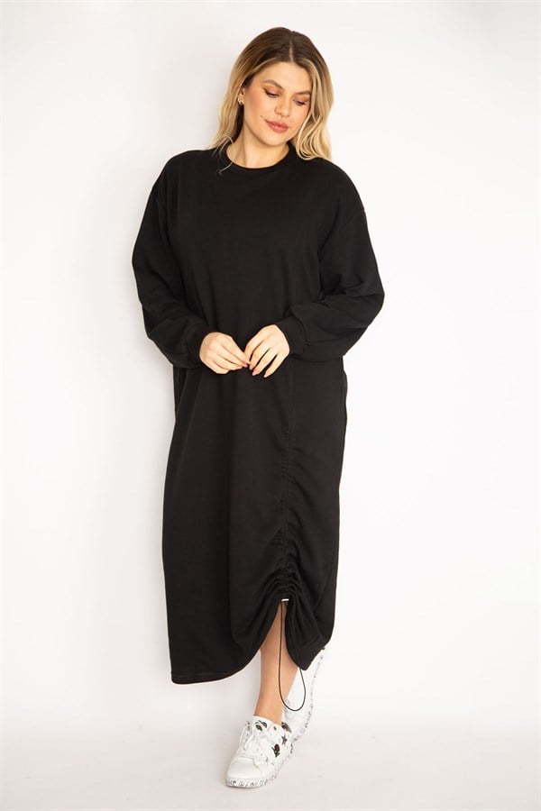 Kadın Siyah Büzgü Detaylı Sweatshirt Elbise 65N35043