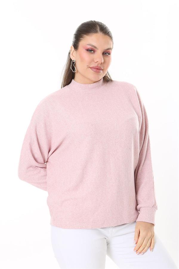 Kadın Büyük Beden Bebe Mavisi Yün Viskon Kumaş Yarasa Kollu Bluz 65N37703