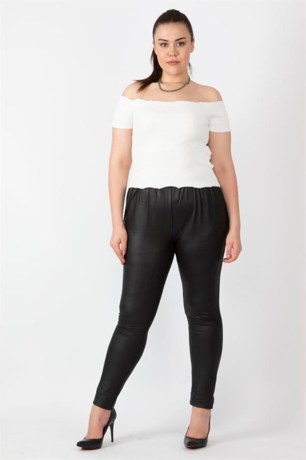 Women's Black Leather Look Elastic Waist Leggings Trousers 65N16748