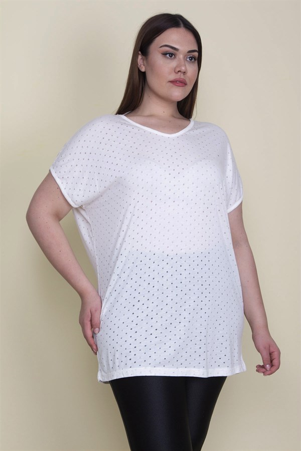 Kadın Kemik Nopeli Kumaş V Yakalı Düşük Kol Bluz 65N25690