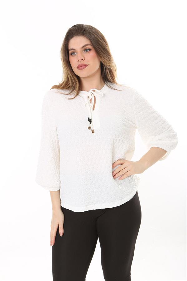 Kadın Büyük Beden Kemik Kendinden Desenli Gofre Kumaş Yaka Bağcıklı Kapri Kollu Bluz 65N37579