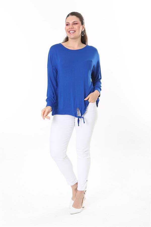 Kadın Büyük Beden Saks Önden Bağlamalı Uzun Kollu Bluz 65N37695