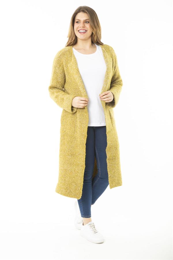 Kadın Büyük Beden Safran Yırtmaçlı Kalın Triko Uzun Hırka 65N37142