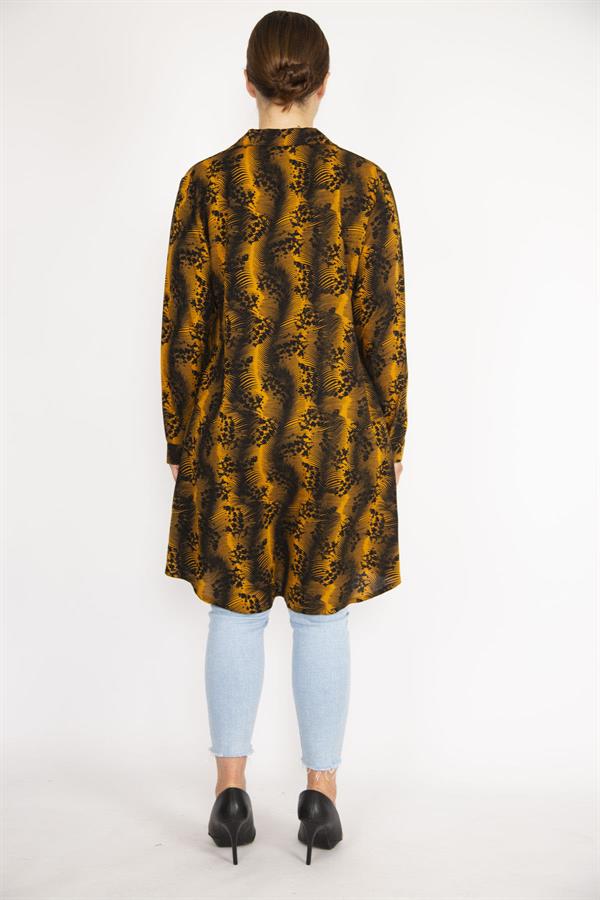 Kadın Büyük Beden Hardal Ön Düğmeli Uzun Kollu Gömlek