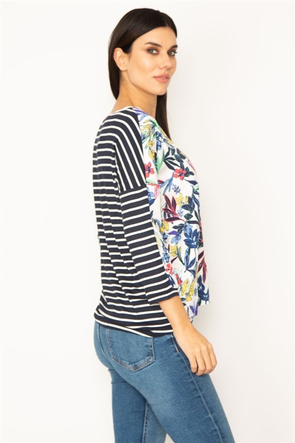 V-NECKED BLOUSE WITH STRIPED AND FLORAL PATTERNS