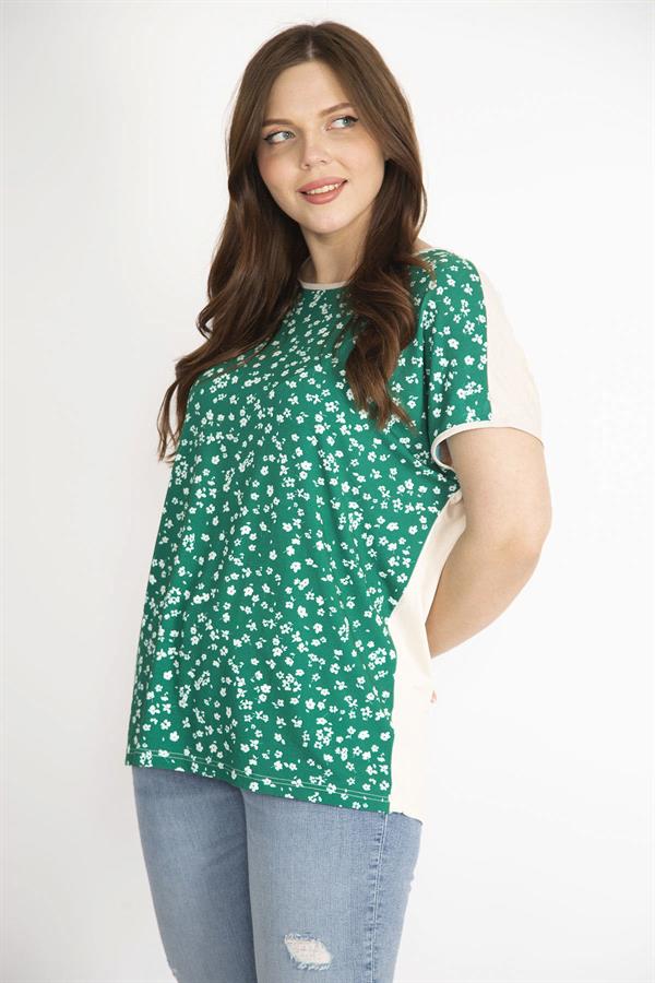 Kadın Yeşil Büyük Beden Ön Desenli Düşük Kollu Bluz