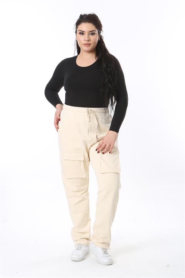 Kadın Büyük Beden Bej Cep Ve Yan Paça Çıtçıt Düğme Detaylı Spor Pantolon 65N38676