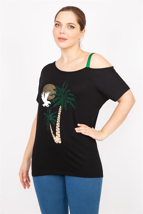 Kadın Siyah Büyük Beden Taş Ve Askı Detaylı Bluz