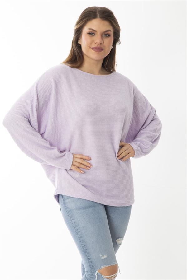 Kadın Büyük Beden Lila Yarasa Kol Kendinden Çizgili Yün Viskon Bluz 65N37007