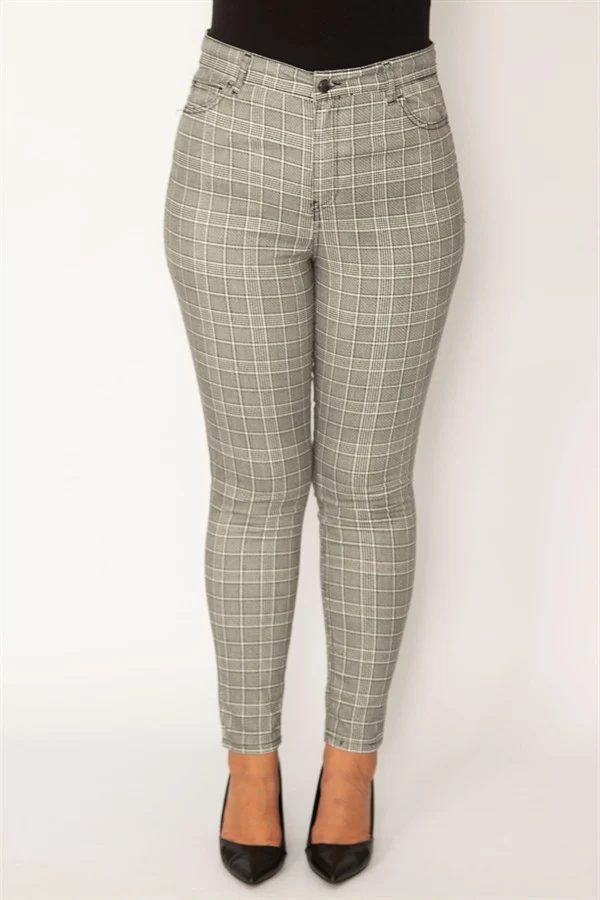 Kadın Gri Ekose Desenli 5 Cepli Pantolon
