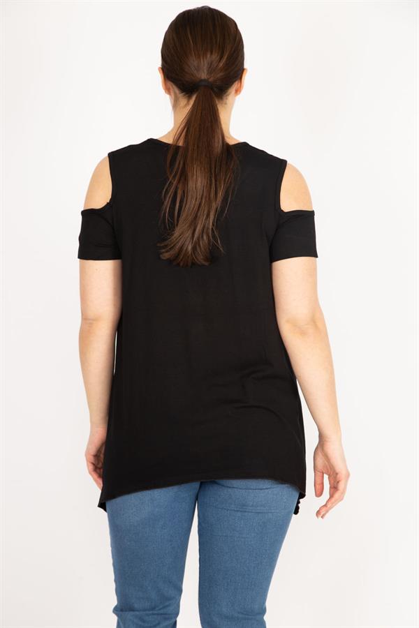 Kadın Saks Büyük Beden Omuz Dekolteli Asimetrik Kesim Viskon Bluz