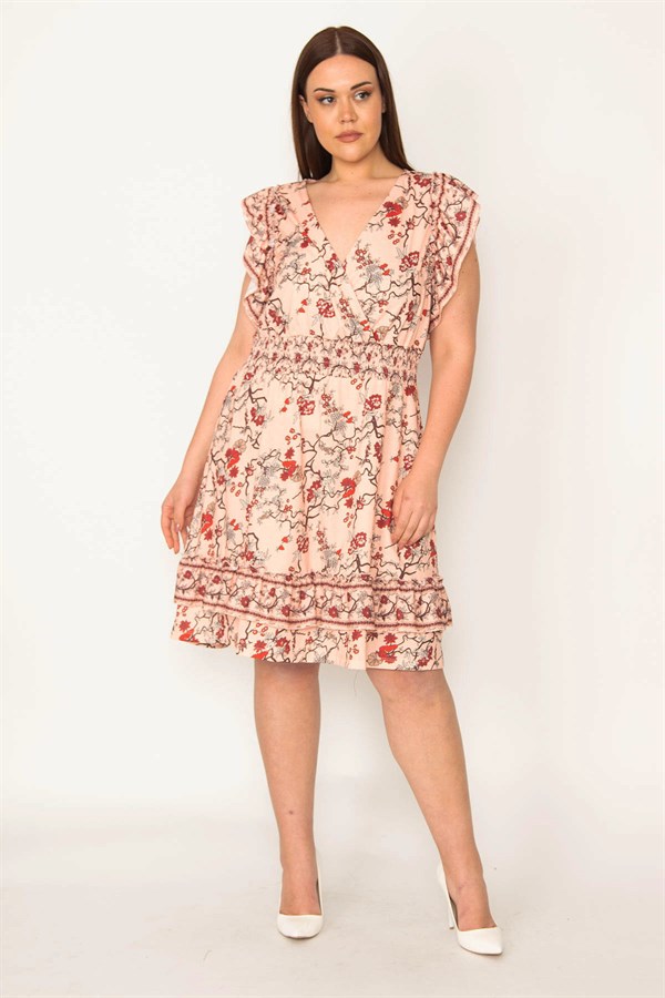 KADIN RENKLİ BELİ GİPE LASTİKLİ ANVELOP YAKA KOL VE ETEK UCU FIRFIRLI KATLI ELBİSE