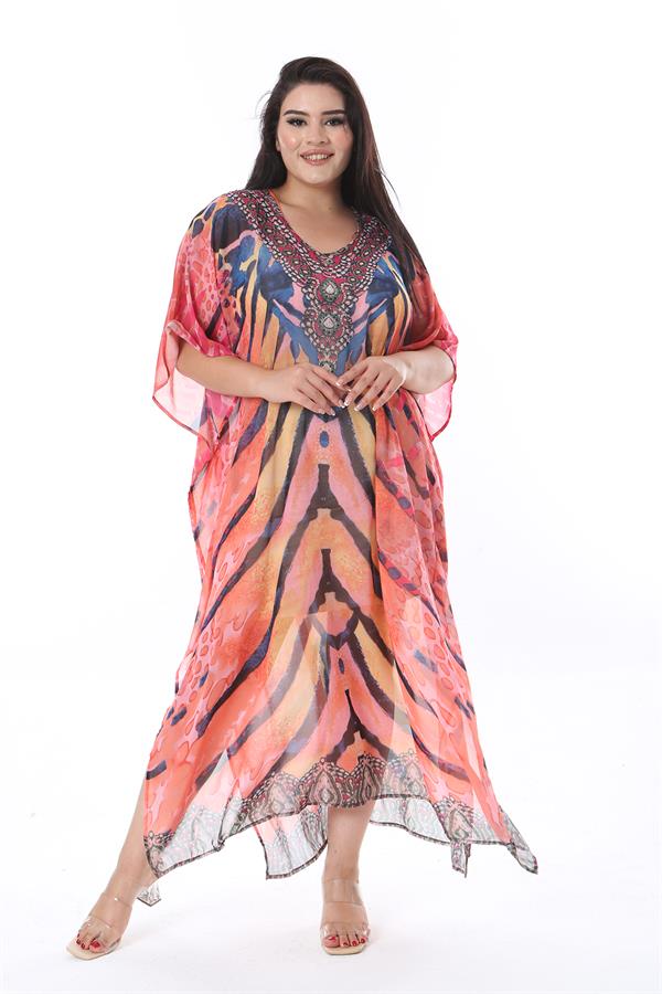 Kadın Büyük Beden Renkli Taş Detaylı Astarsız Şifon Kap 65N38322