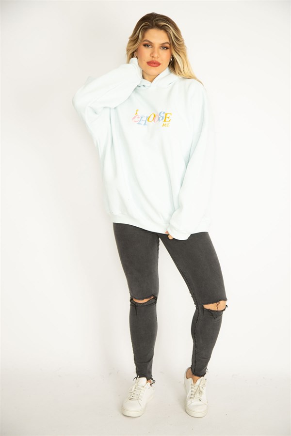 Women's Blue 3-Thread Polar Fleece Embroidery Detailed Hooded Sweatshirt 65N35078