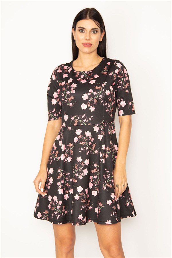 WOMEN'S BLACK ORNAMENT POCKET ZIPPERED FLORAL PATTERNED DRESS