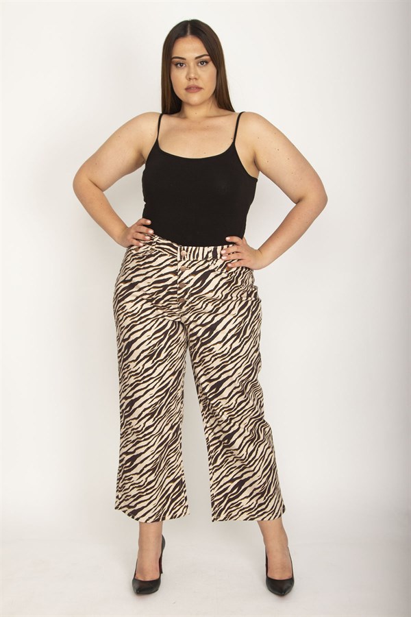 Kadın Kahve Likralı Gabardin Kumaş Geniş Paçalı Desenli Bilek Boy Pantolon 65N26184