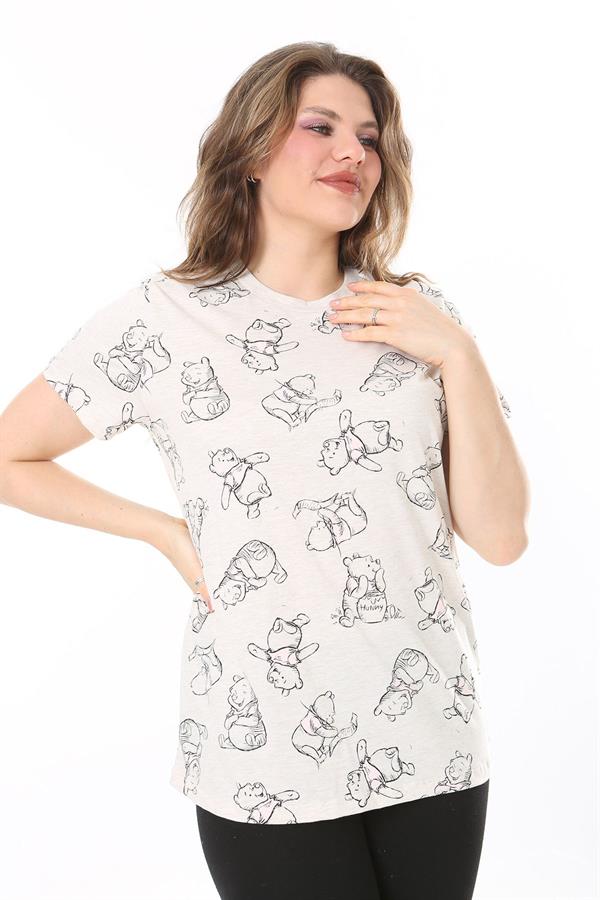 Kadın Büyük Beden Renkli Pamuklu Kumaş Kısa Kollu Baskılı Bluz 65N38035