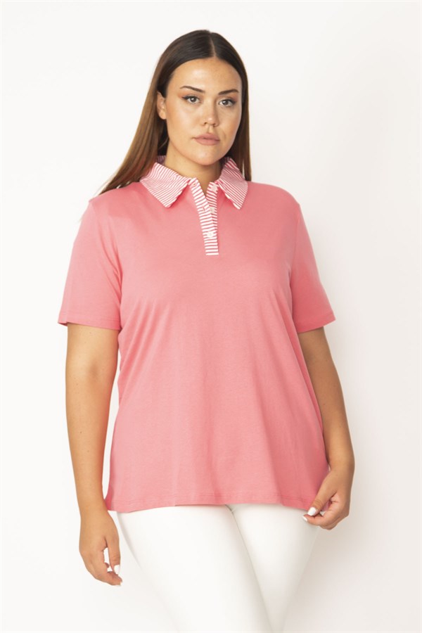 Kadın Pembe Pamuklu Kumaş Polo Yaka Ön Pat Düğmeli  Bluz 65N27823