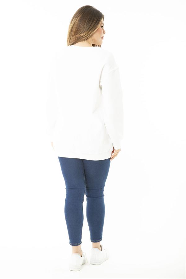 Kadın Büyük Beden Kemik İçi Şardonlu İki İplik Ön Baskılı Sweatshirt 65N37158