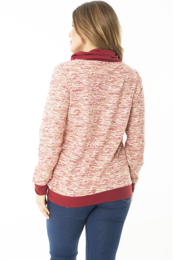 Kadın Büyük Beden Kuşgözü Bağcık Ve Süs Düğme Detaylı Kanguru Cepli Dik Yaka Sweatshirt 65N37122