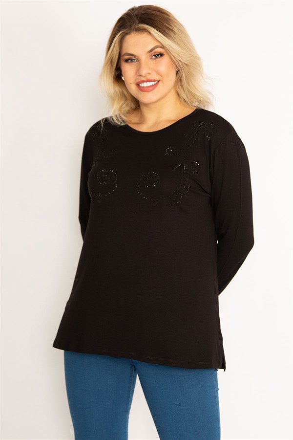 Kadın Siyah Taş Detaylı Uzun Kollu Bluz 65N34632