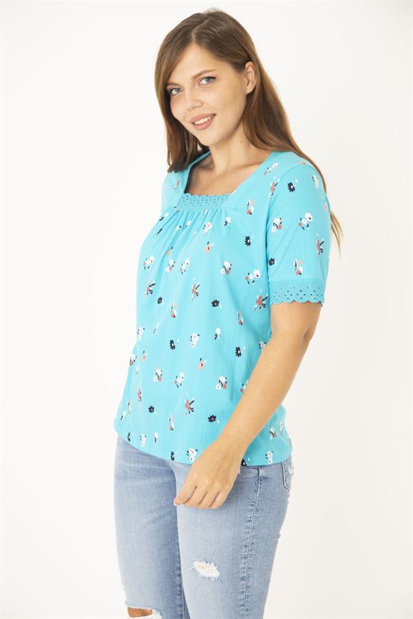 Kadın Lacivert Büyük Beden Pamuk Kumaş Yaka Ve Kolları Dantel Detaylı Bluz