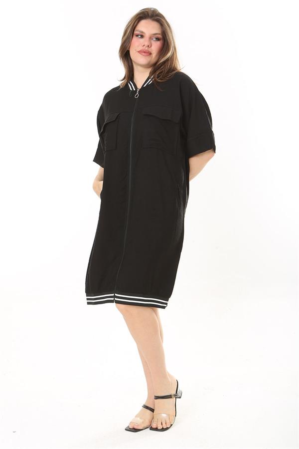 Kadın Büyük Beden Nar Ön Fermuarlı Ribana Detaylı Aerobin Kumaş Elbise 65N37880