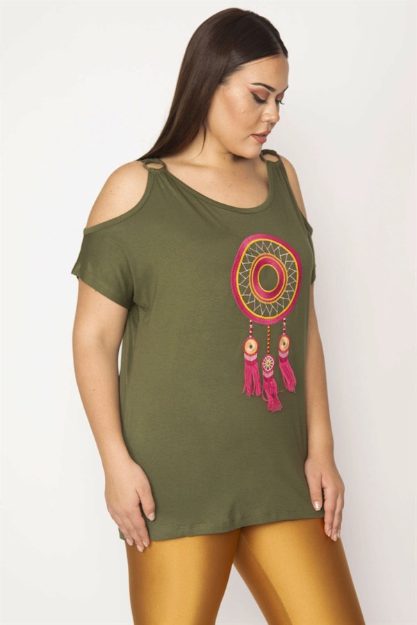 Kadın Haki Nakış Detaylı Omuz Dekolteli Viskon Bluz 65N29507