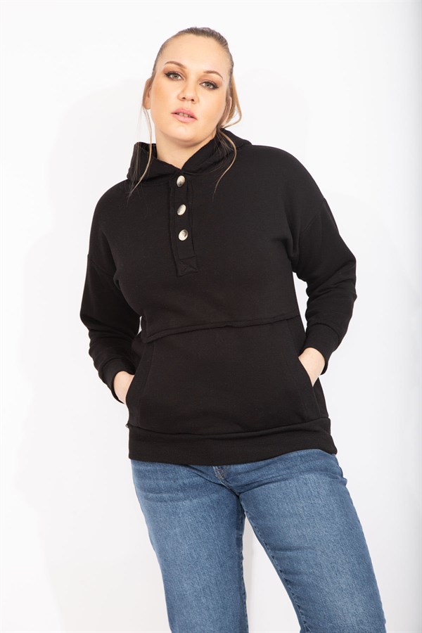 Kadın Siyah İçi Şardonlu 2 İplik Kumaş Ön Pat Düğmeli Kanguru Cep Ve Kapşonlu Sweatshirt 65N35462