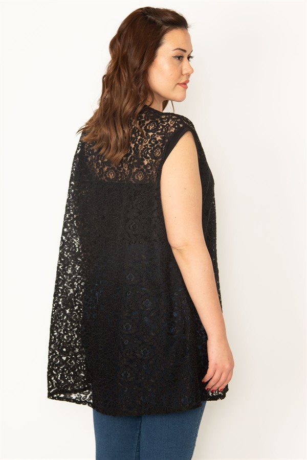 Kadın Siyah Taşlı Broş Düğmeli Dantel Hırka 65N32724