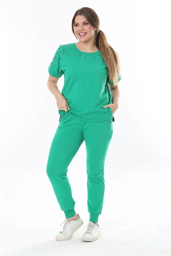 Kadın Büyük Beden Saks Taş Detaylı Kısa Kollu Sweatshirt Pantolon Takım 65N37702