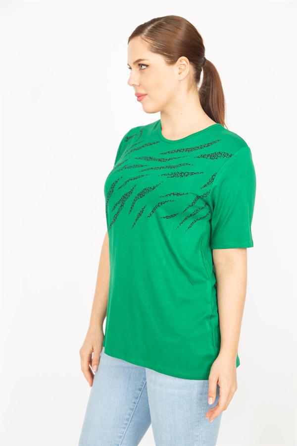 Kadın Saks Büyük Beden Bisiklet Yakalı Ön Baskılı Bluz