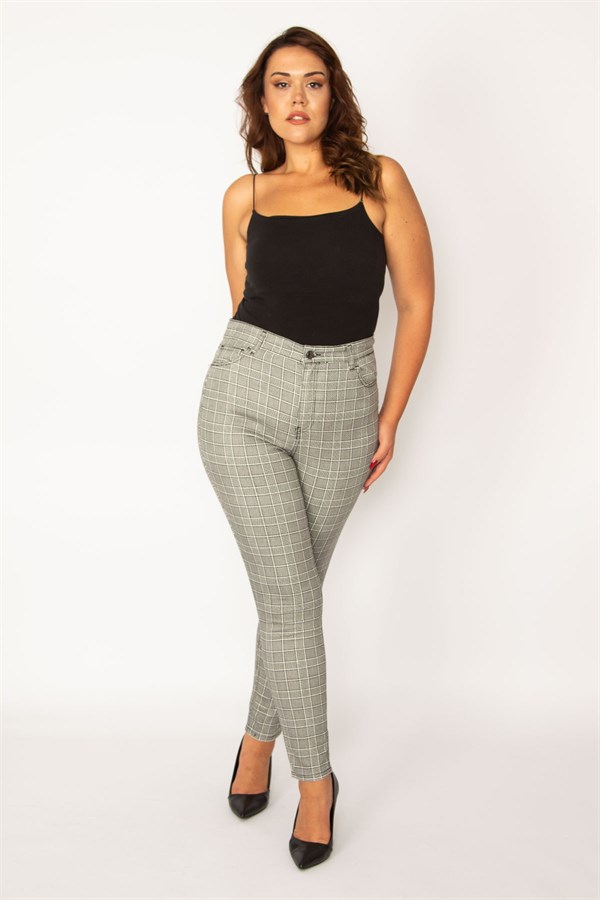 Kadın Gri Ekose Desenli 5 Cepli Pantolon
