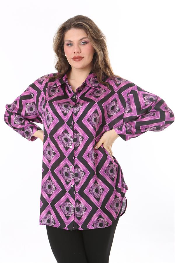 Kadın Büyük Beden Pembe Ön Düğmeli Saten Bluz 65N38017