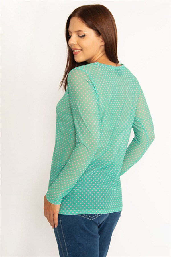 Kadın Yeşil Puan Desenli Tül Bluz 65N34576