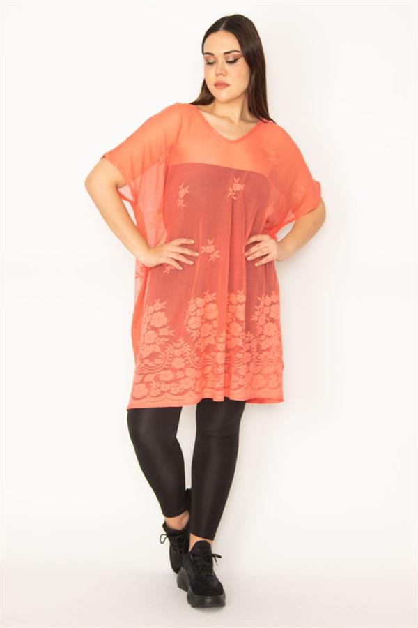 Kadın Büyük Beden Nar Astarsız Dantel Tül Tunik 65N37672