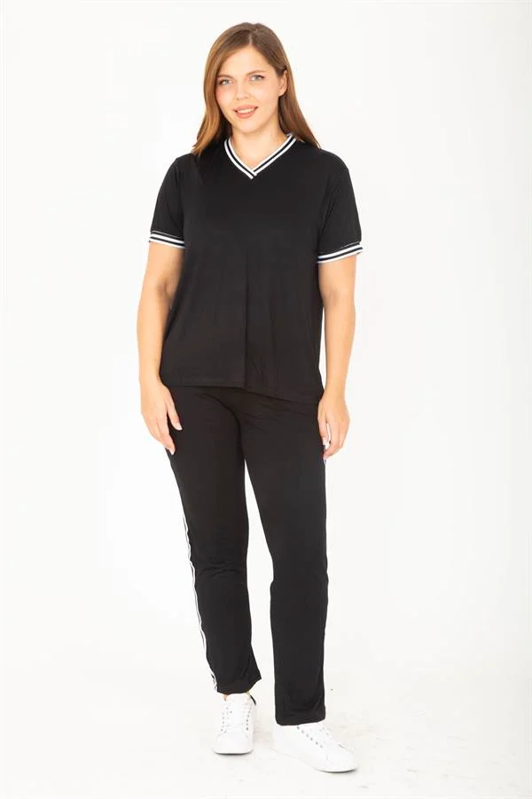 Kadın Büyük Beden Lacivert Ribanall Kısa Kollu Bluz Pantolon Eşofman Takım 65N36811