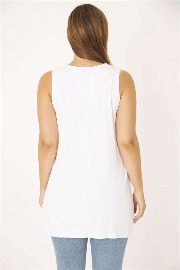 Kadın Büyük Beden Beyaz Payet Detaylı Uzun Kolsuz Bluz 65N36931