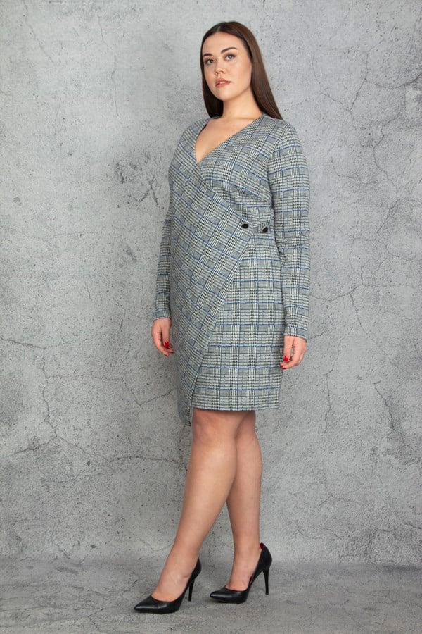 KADIN GRİ EKOSE DESENLİ BEL DETAYLI ANVELOP ASTARLI ELBİSE