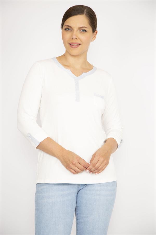Kadın Büyük Beden Beyaz Sim Detaylı Öpücük Yakalı Kapri Kollu Bluz