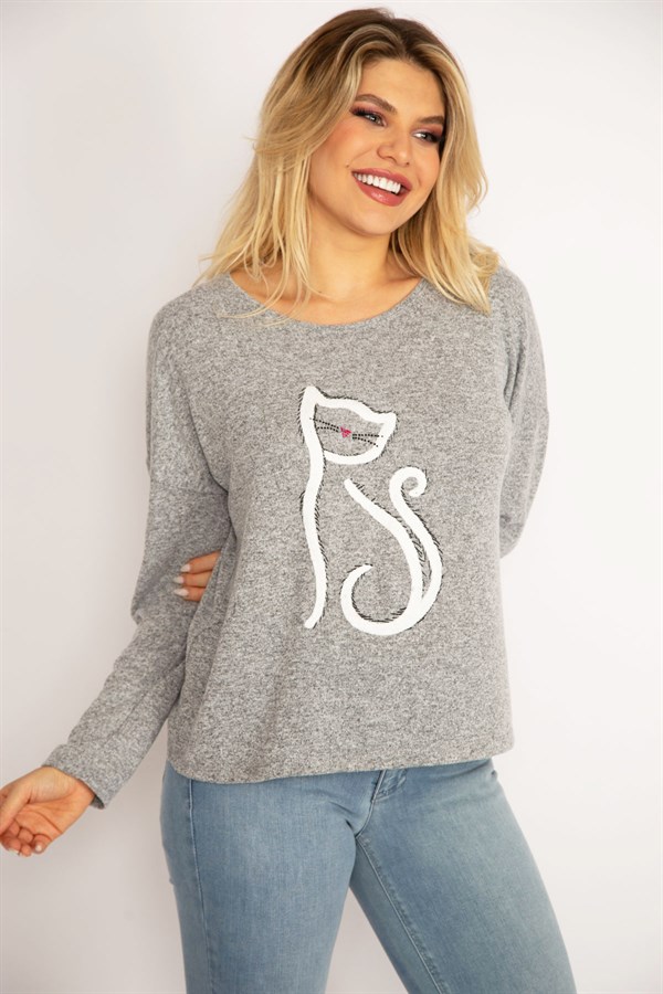 Kadın Gri Ön Nakışlı Bluz 65N34847
